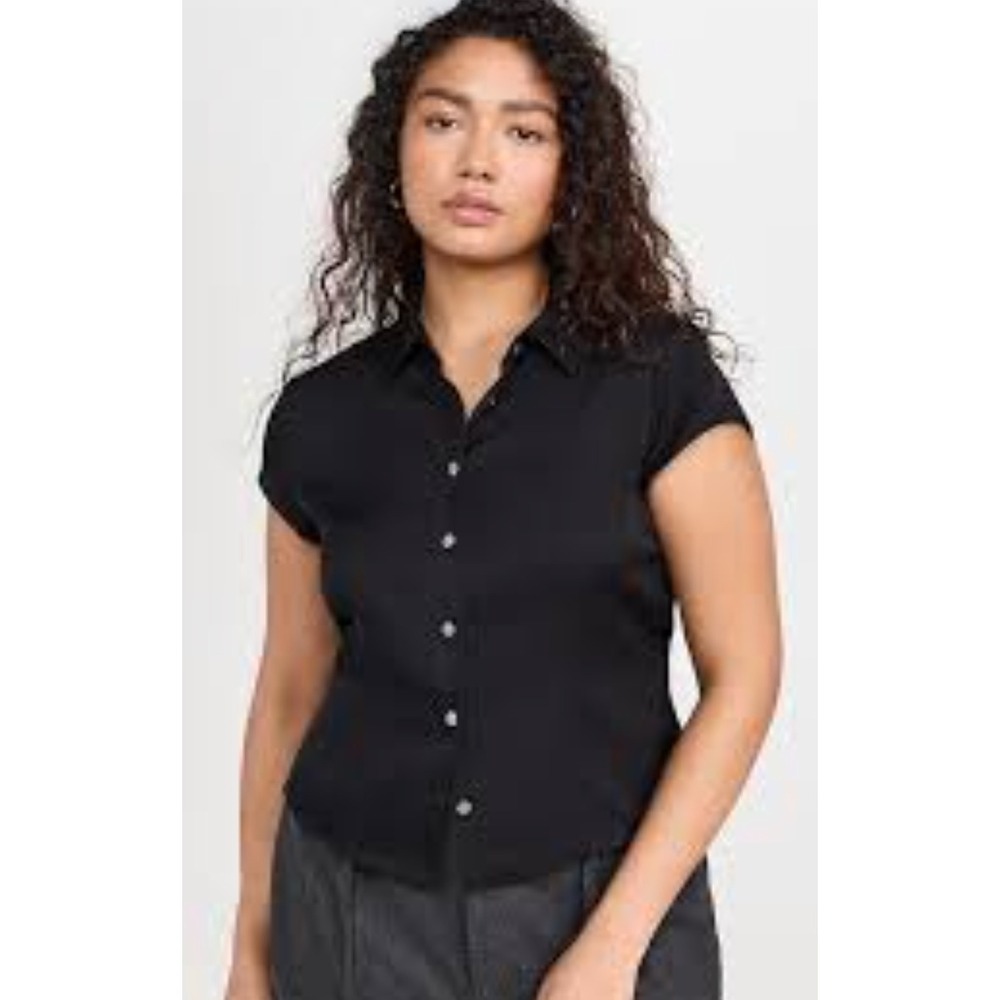 Theory Black Cap Sleeve Button-Down Blouse